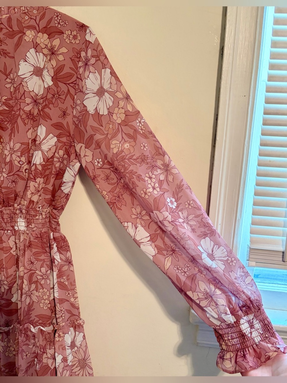 Peach Love California Floral Tie-Neck Elastic Waist Dress in Dusty Rose Sz Large - Picture 13 of 16